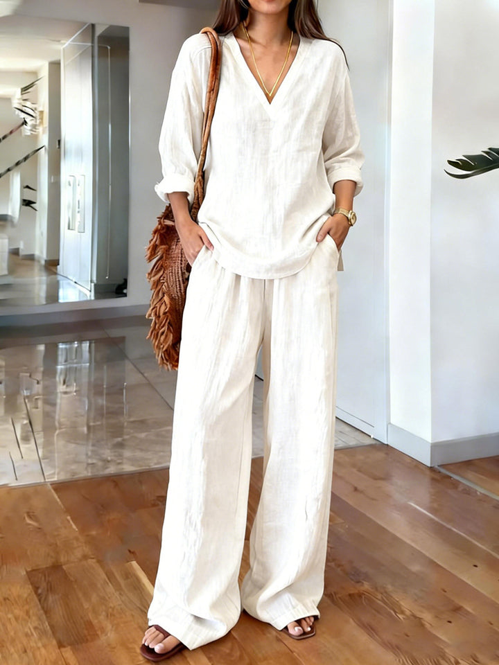Damen Leichte Sommerhose mit weitem Schnitt und V-Ausschnitt Shirt Drune
