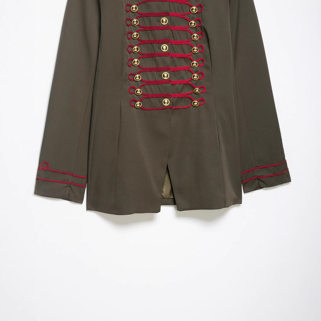 Damen Militärinspirierte Kastenjacke mit dekorativen Froschverschlüssen und Stehkragen Drune