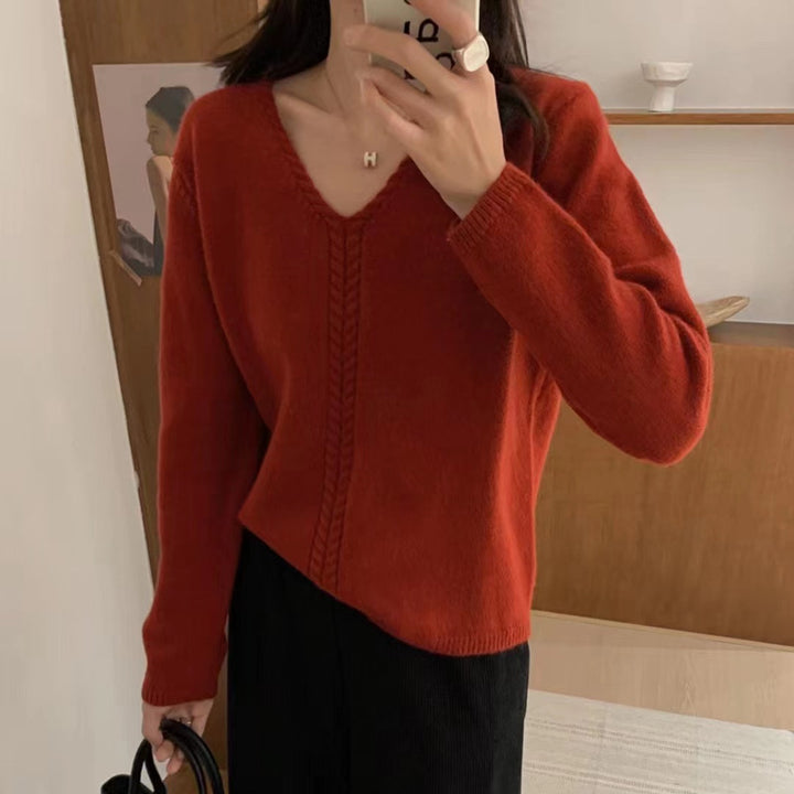 Damen Strickpullover mit V-Ausschnitt und Zopfmuster Drune