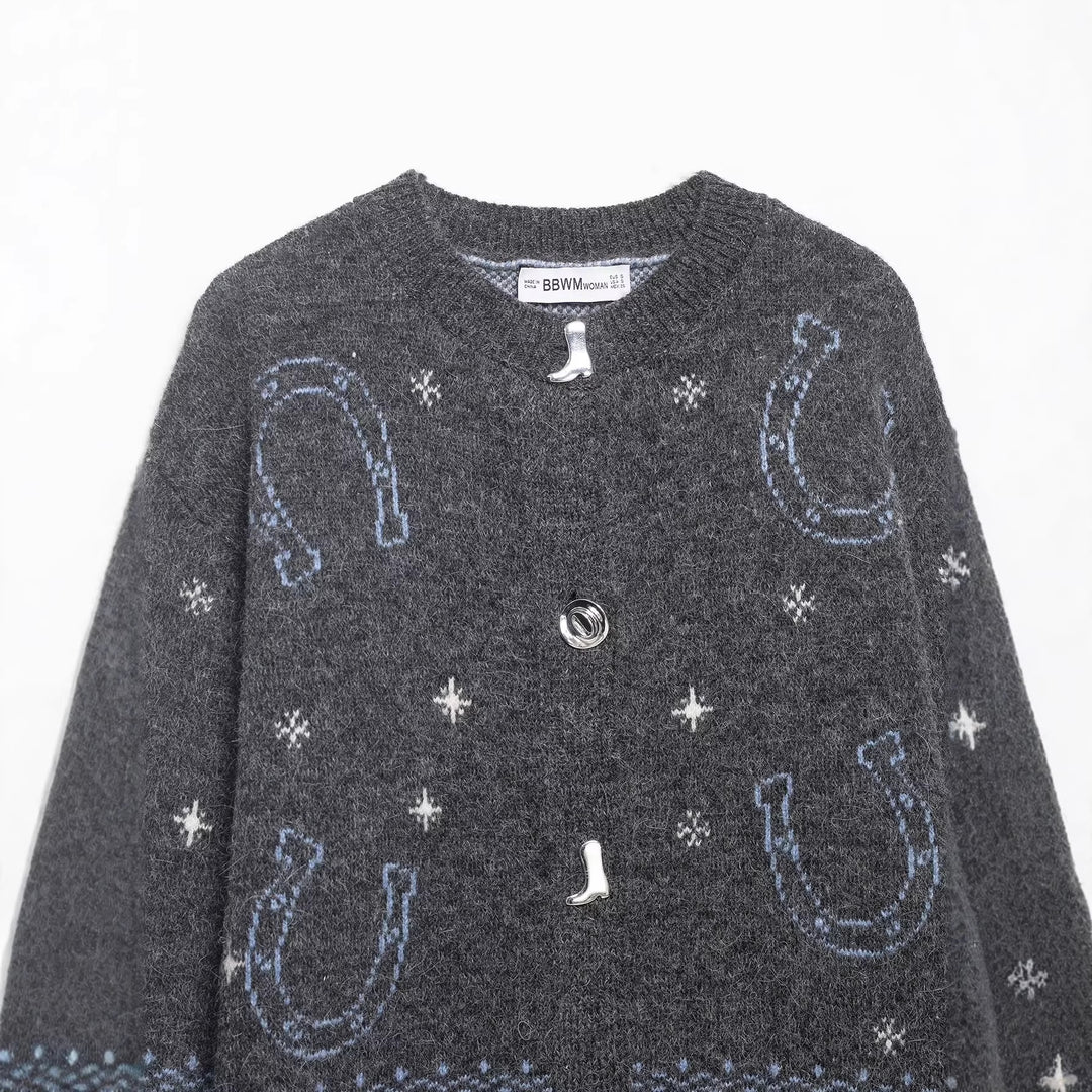 Damen Strickcardigan mit Pferde- und Hufeisen-Jacquard und Zierknöpfen Drune