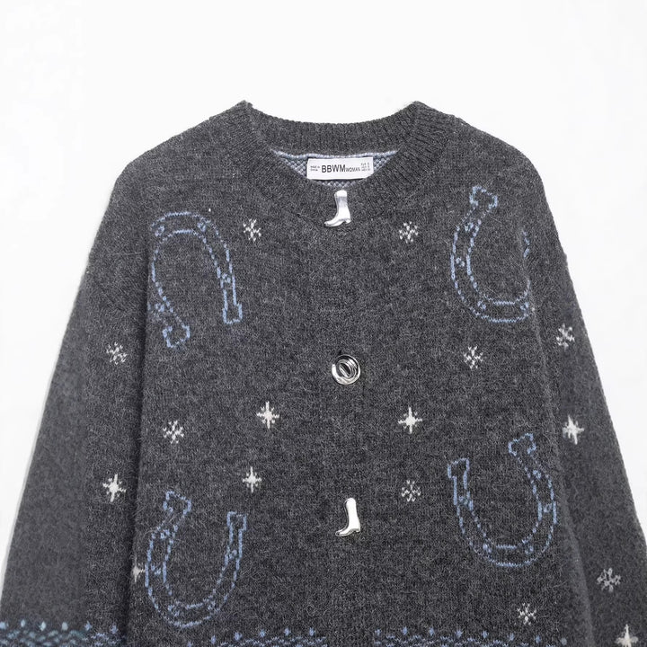 Damen Strickcardigan mit Pferde- und Hufeisen-Jacquard und Zierknöpfen Drune