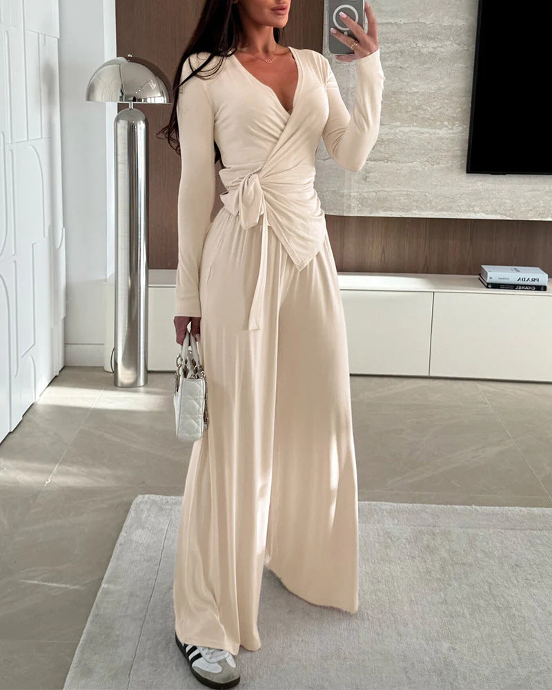 Damen Wickel-Jersey-Maxikleid mit V-Ausschnitt, Taillenband und weitem Palazzo-Rock Drune