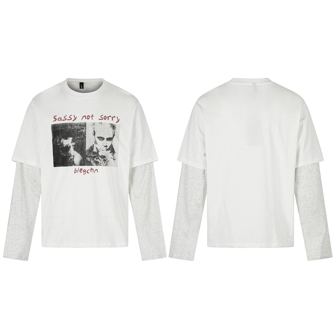 Damen Lagenlook-Longsleeve mit kontrastierenden Ärmel-Einsätzen und Vintage-Print Drune