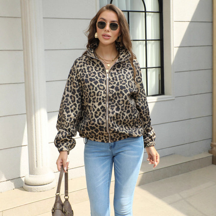 Damen Leopard-Print Bomberjacke mit Stehkragen, Reißverschluss und Gummizug Drune