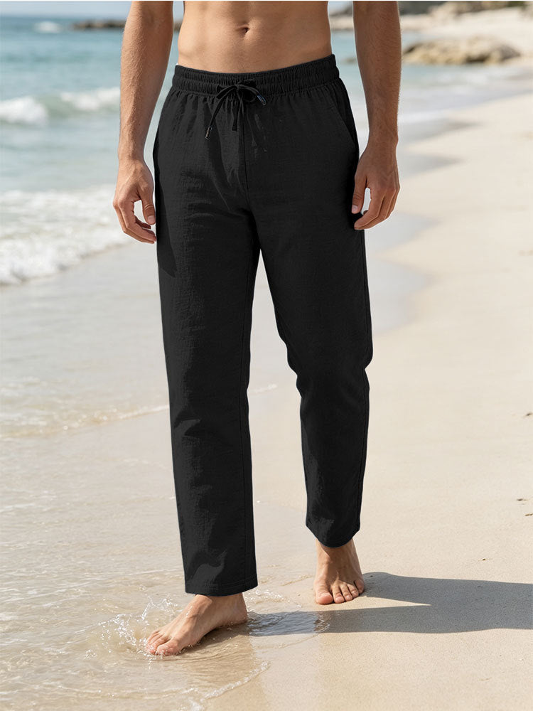 Herren Leichte Leinen-Baumwoll-Hose mit Tunnelzug, elastischem Bund und geradem Schnitt Drune