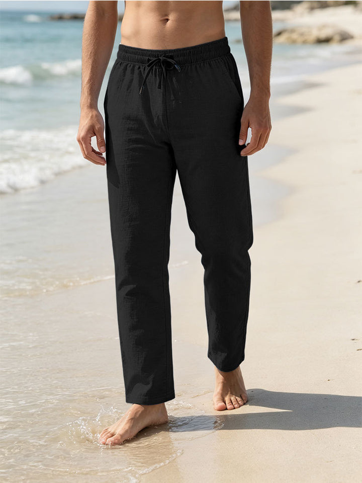 Herren Leichte Leinen-Baumwoll-Hose mit Tunnelzug, elastischem Bund und geradem Schnitt Drune
