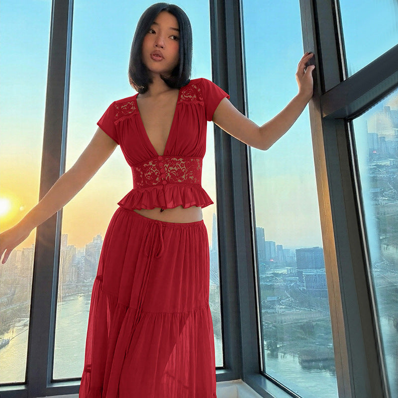 Damen Elegantes Maxikleid mit Spitzenoberteil und fließendem Saum Drune