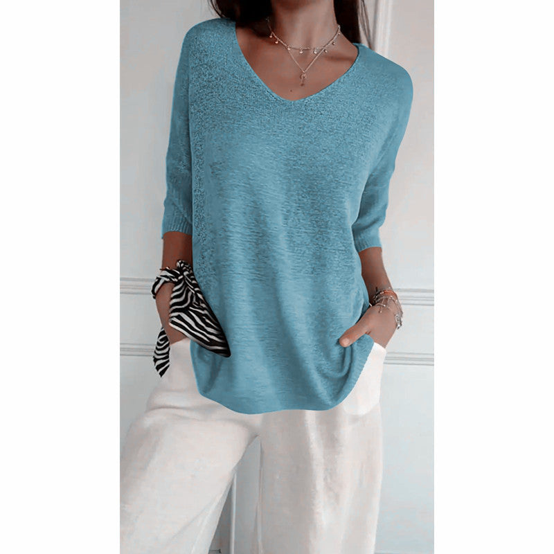 Damen nan locker sitzender V-Ausschnitt Feinstrickpullover mit dreiviertelÄrmeln Drune
