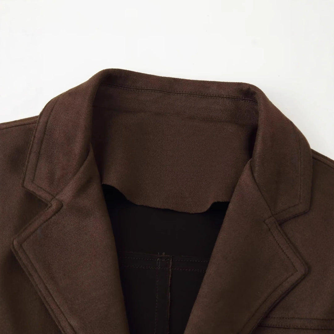 Damen nan taillierte Taillengürtel-Blazerjacke aus Veloursimitat mit Pattentaschen Drune