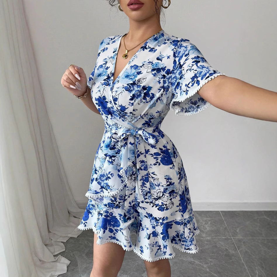 Damen florales Wickelkleid mit Rüschendetails und Taillengürtel Drune