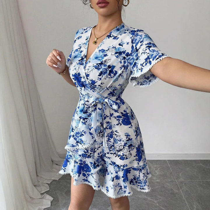 Damen florales Wickelkleid mit Rüschendetails und Taillengürtel Drune