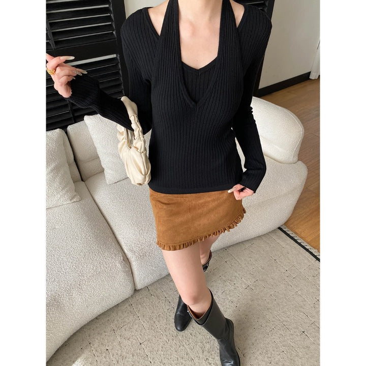 Damen eleganter V-Ausschnitt Strickpullover mit stylischen Cut-Outs Drune