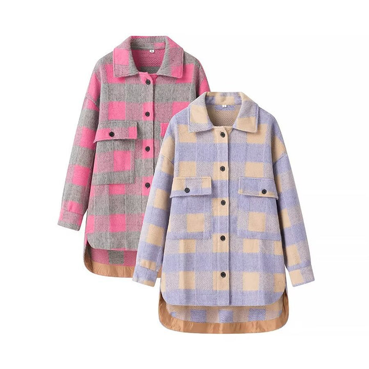 Damen nan oversized karierte Hemdjacke im Shacket-Stil mit aufgesetzten Pattentaschen und verlängertem Rundsaum Drune
