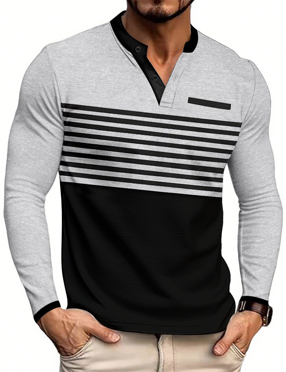 Herren nan modernes Langarm-Polo mit Henley-Blende gestreifter Brustpartie und Stehkragen Drune