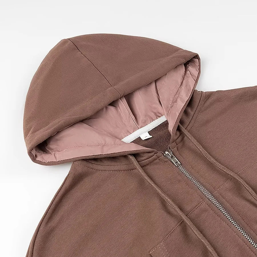 Damen nan cropped Kapuzenjacke mit durchgehendem Reißverschluss wattierter Kapuze und Kängurutaschen Drune