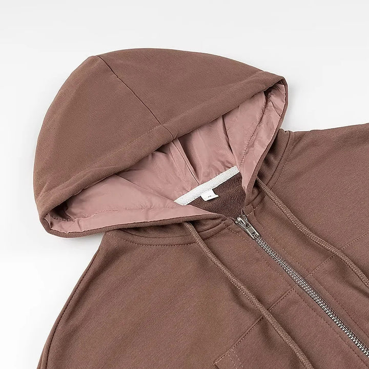 Damen nan cropped Kapuzenjacke mit durchgehendem Reißverschluss wattierter Kapuze und Kängurutaschen Drune