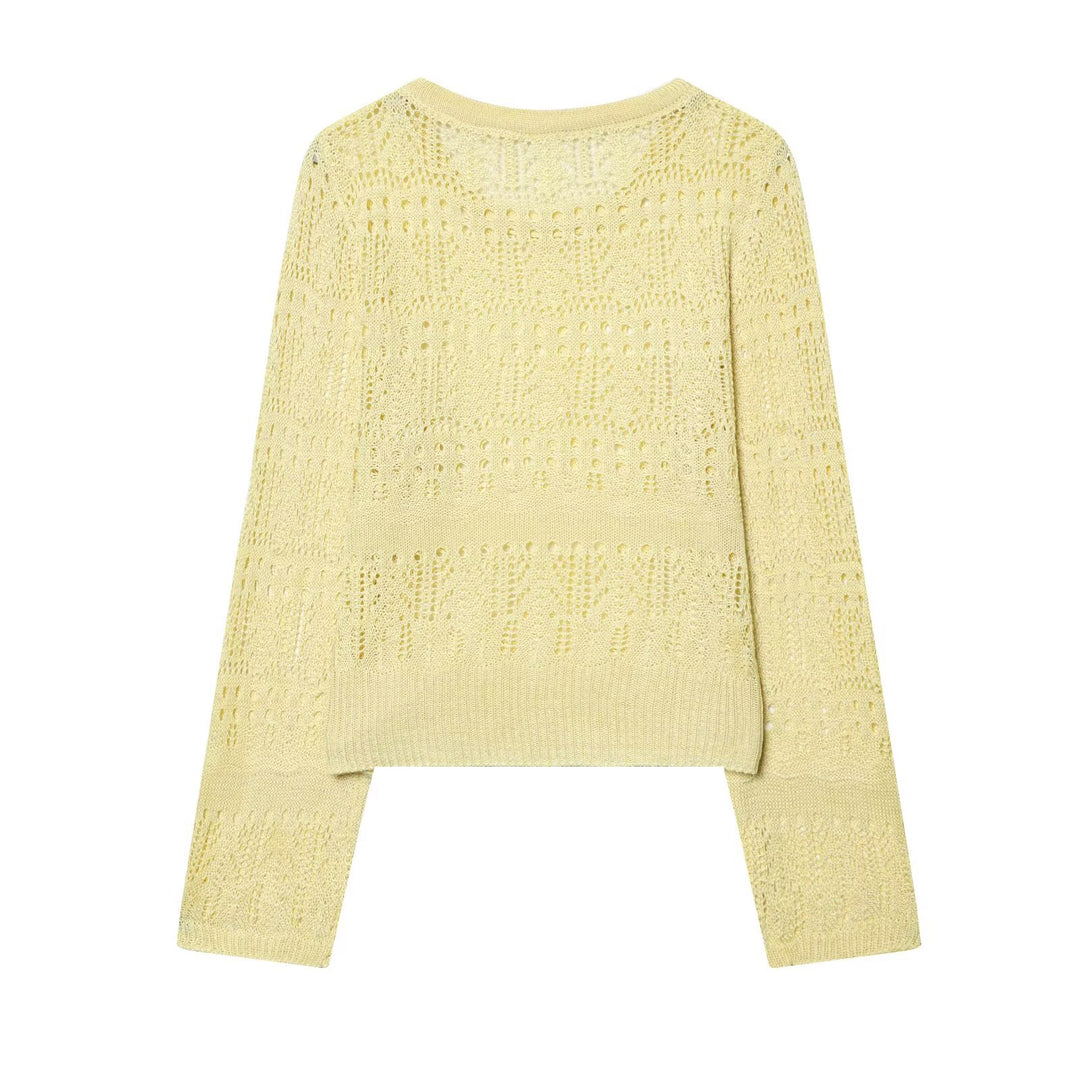 Damen Feinstrick-Openwork-Pullover mit Rundhalsausschnitt und filigranem Lochmuster Drune