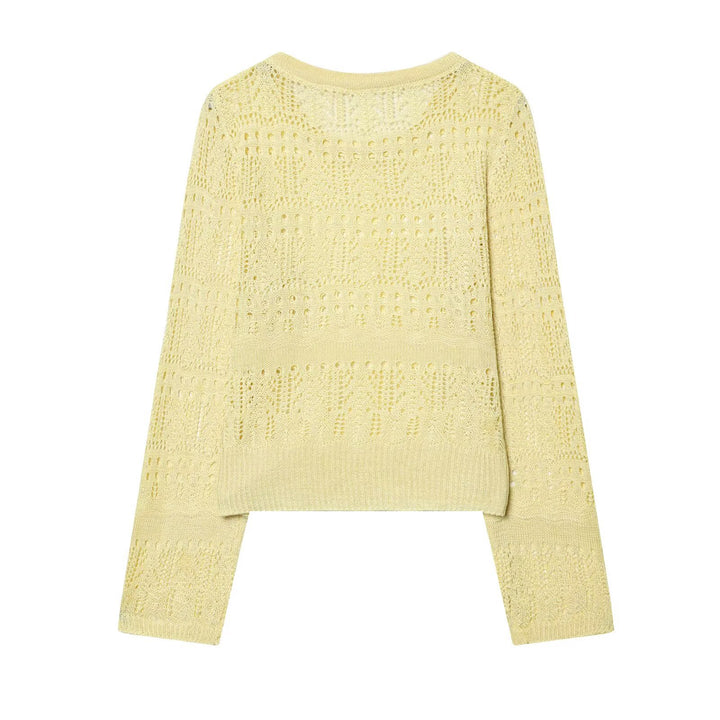 Damen Feinstrick-Openwork-Pullover mit Rundhalsausschnitt und filigranem Lochmuster Drune