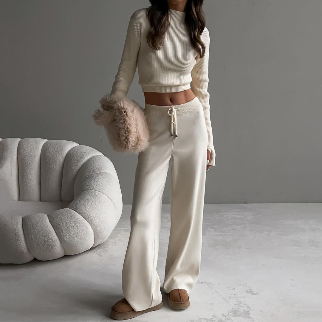Damen geripptes Lounge-Set mit Cropped-Pullover und weiter Jogginghose Drune