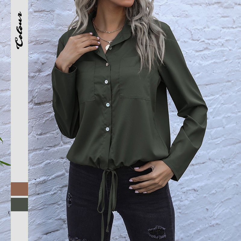 Damen Hemdbluse mit Kordelzug, Brusttaschen & lockerer Passform Drune