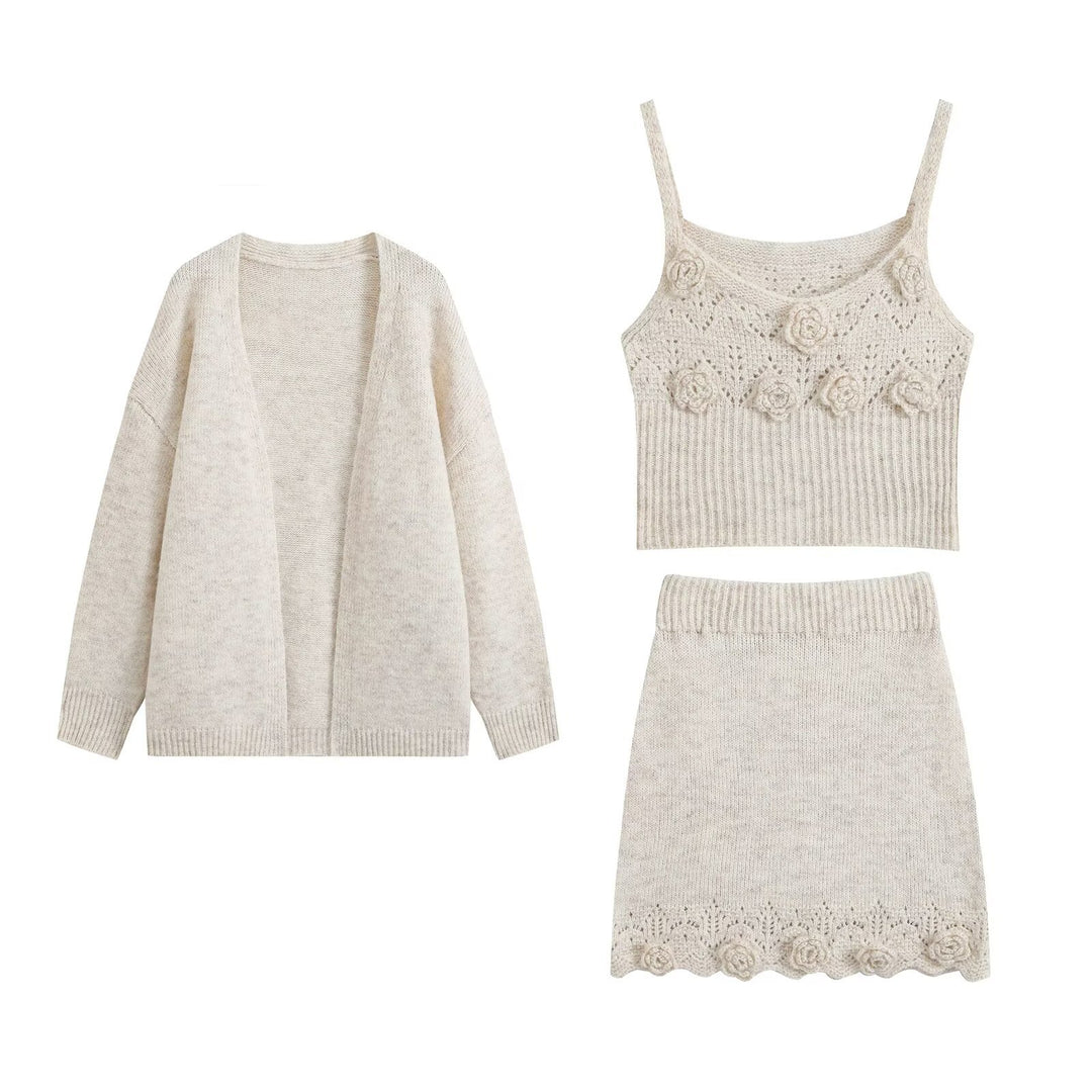 Damen Dreiteiliges Strickset mit offener Cardigan, Spaghettitop mit dreidimensionalen Blüten und tailliertem Rock Drune