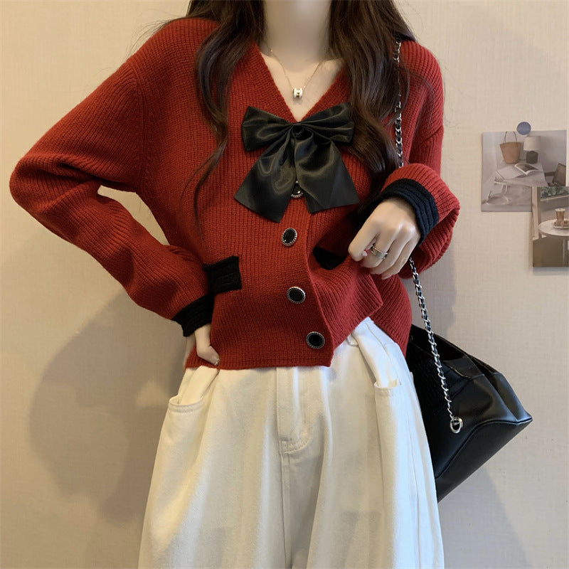Damen Modische Strickjacke mit raffiniertem Satinband und Knopfdetails Drune