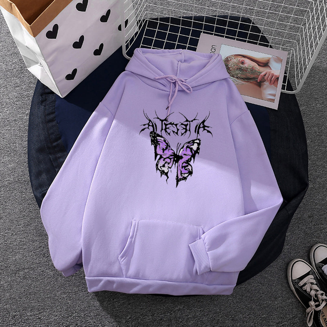 Damen nan leichter Oversize Kapuzenpullover mit Herz‑EKG‑Motiv, langen Kordeln und elastischem Bund Drune