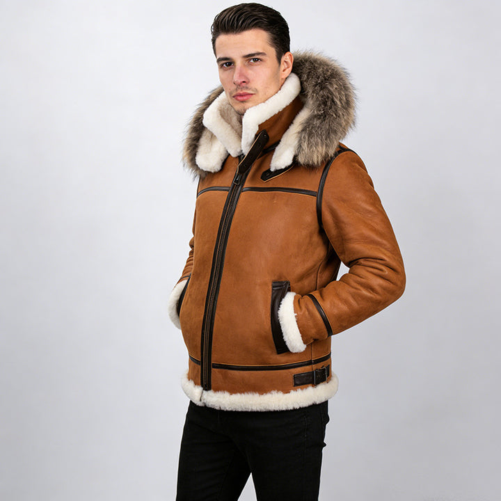 Herren Lammfell-Bomberjacke im Aviator-Stil mit Kapuze und Kontrastlederbesatz Drune