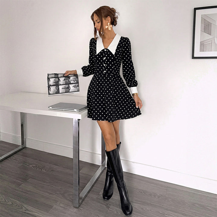 Damen Polka-Dot Minikleid mit Kragen Drune