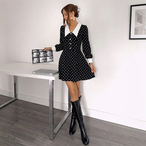 Damen Polka-Dot Minikleid mit Kragen Drune
