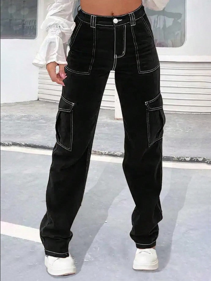 Damen Cargo-Hose mit weitem Bein, hoher Taille und Utility-Taschen Drune
