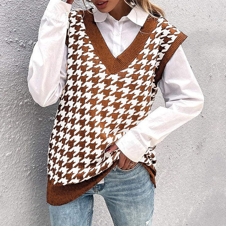 Damen Oversize Strickweste mit Hahnentritt‑Muster und tiefem V‑Ausschnitt Drune