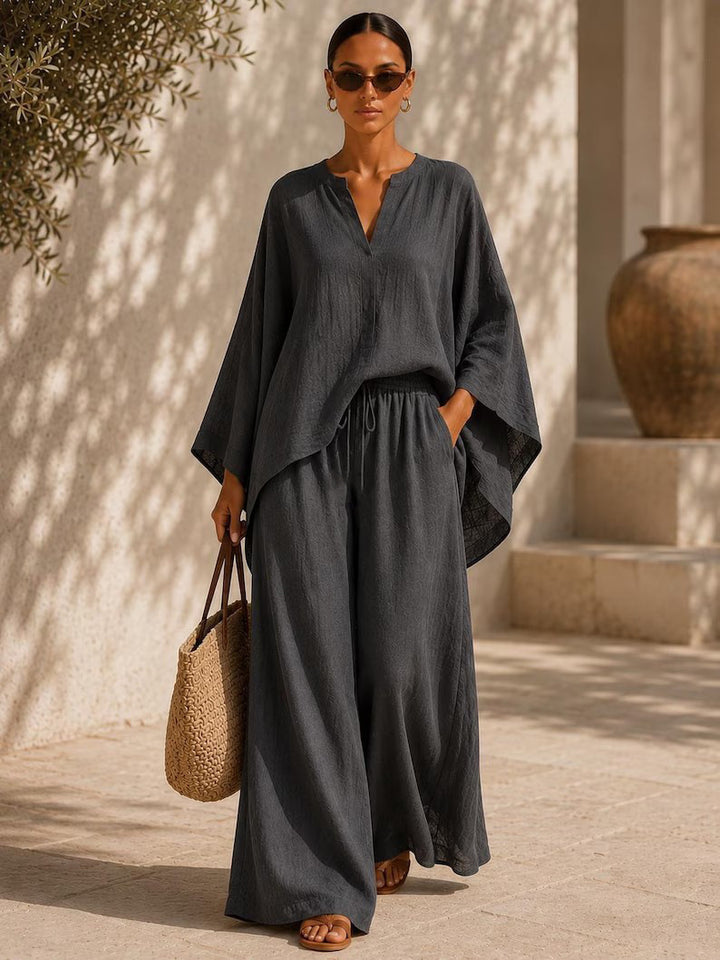 Damen Leichte Leinenmischung Übergroße Kaftan-Oberteil und Kordelzug Weitbein-Hosen Set Drune