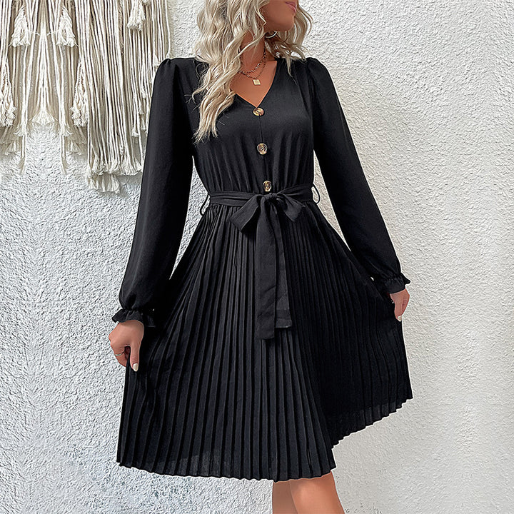 Damen Midikleid mit V-Ausschnitt, tailliertem Bindegürtel und plissiertem Tellerrock Drune