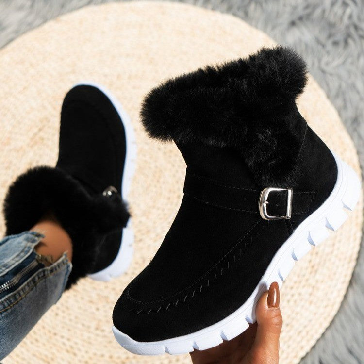 Damen nan gefütterte Kurzstiefel mit Kunstfellbesatz, Velourslederoptik, seitlichem Reißverschluss, dekorativer Metallschnalle und profilierter Lightweight-Sohle Drune