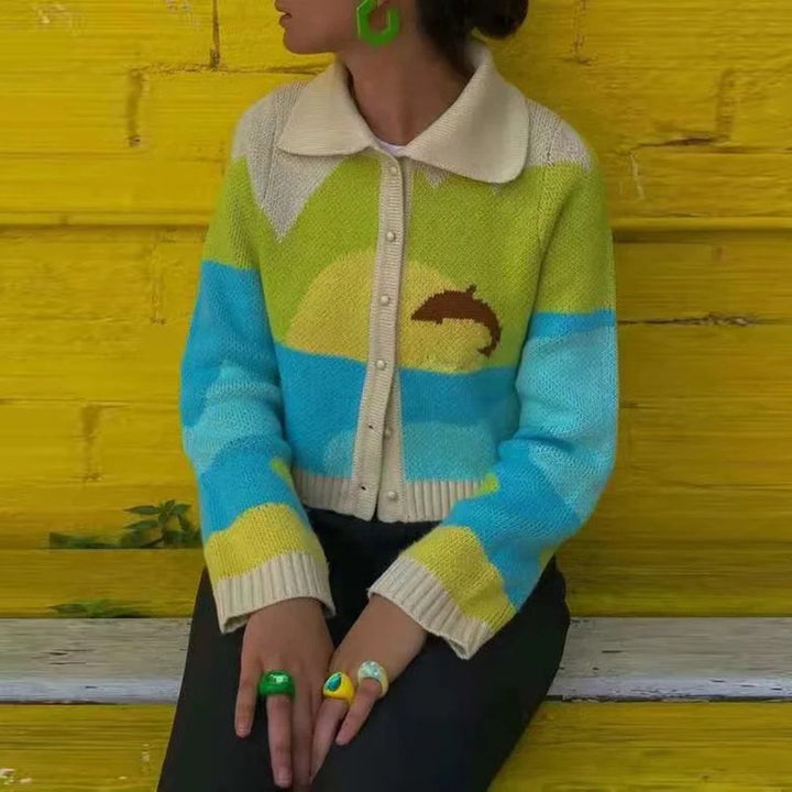 Damen trendige Strickjacke mit niedlichem Delfin-Design und knöpfbarem Kragen Drune