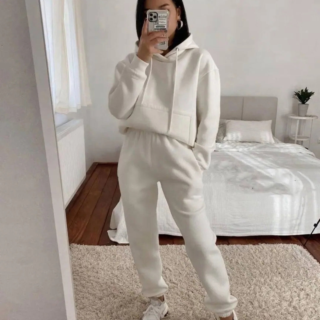 Damen lässiger Fleece-Sweatsuit mit cropped Hoodie und elastischer Hose Drune