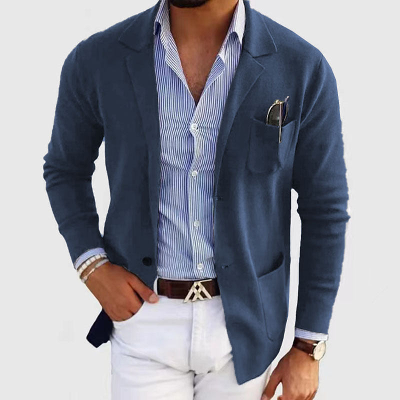 Herren lässiger Strickblazer im Sakko-Stil mit Brusttasche und aufgesetzten Taschen Drune