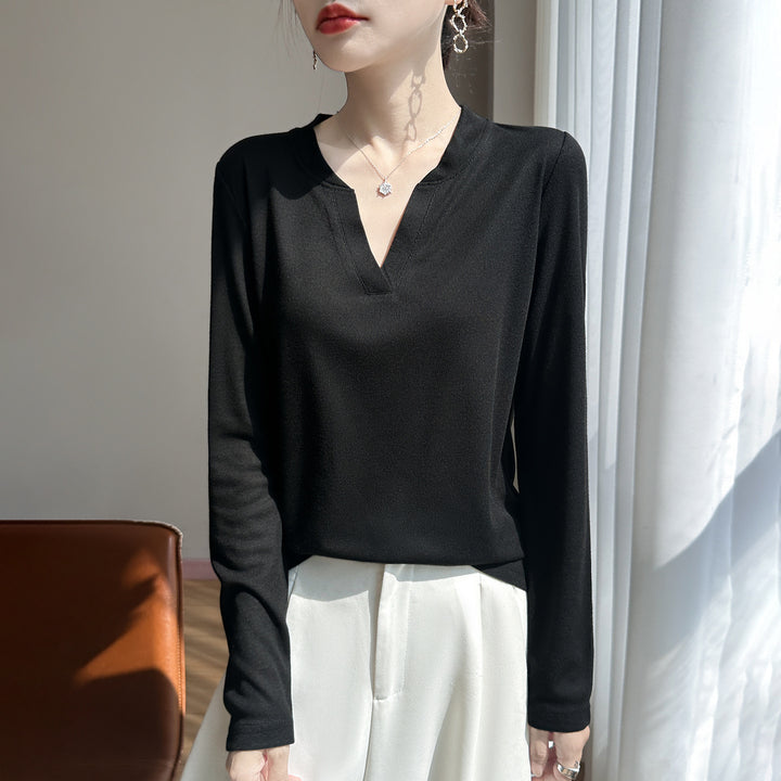 Damen Langärmliges Feinstrickshirt mit geschlitztem V-Kragen Drune
