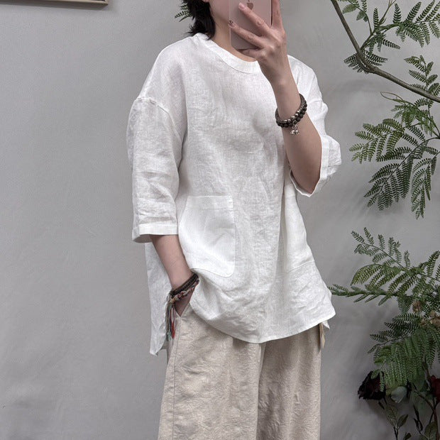 Damen Relaxed Fit Leinen Tunika-Oberteil mit Tasche Drune