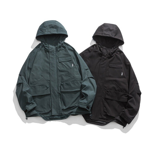 Unisex Boxy-Utility-Kapuzenjacke mit Mehrfachtaschen, verstellbarem Saum und winddichter Shell Drune