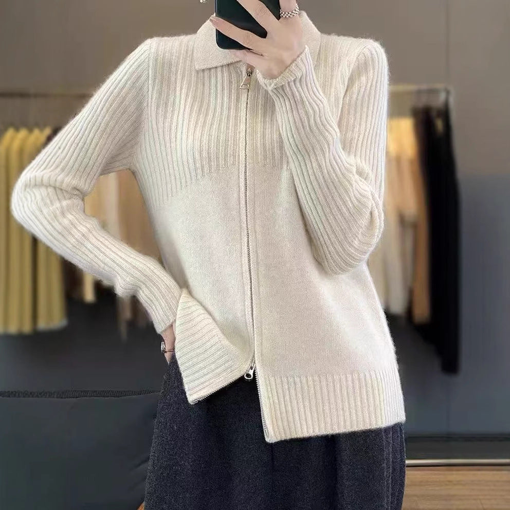 Damen gemütlicher Strickcardigan mit Reißverschluss und feinem Rippmuster Drune