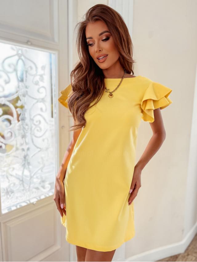 Damen Kurzarm Kleid mit Rüschenärmeln und geradem Schnitt Drune