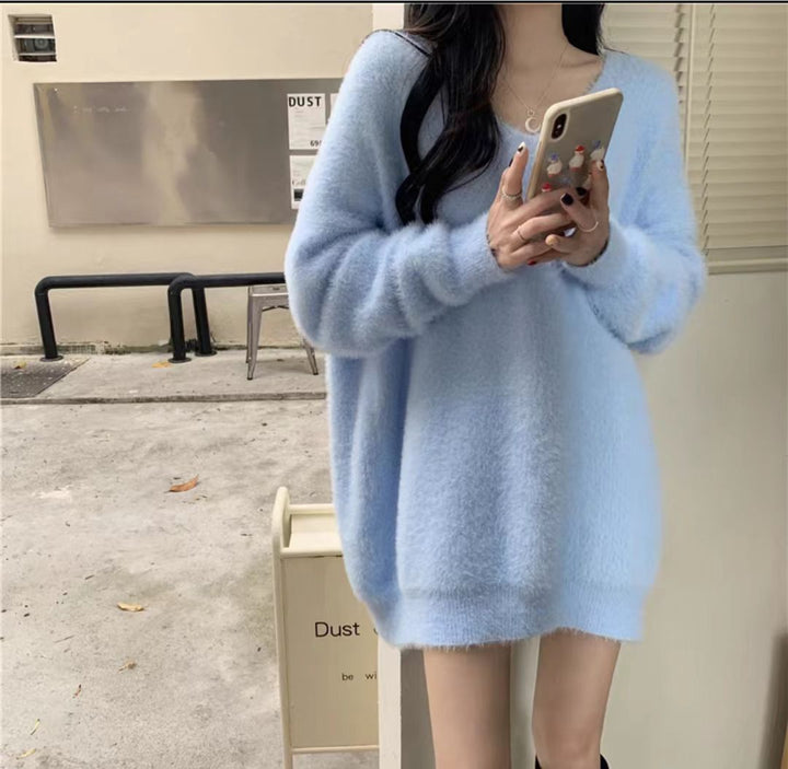 Damen flauschiger Pullover mit tiefem V-Ausschnitt und weiten Ärmeln Drune