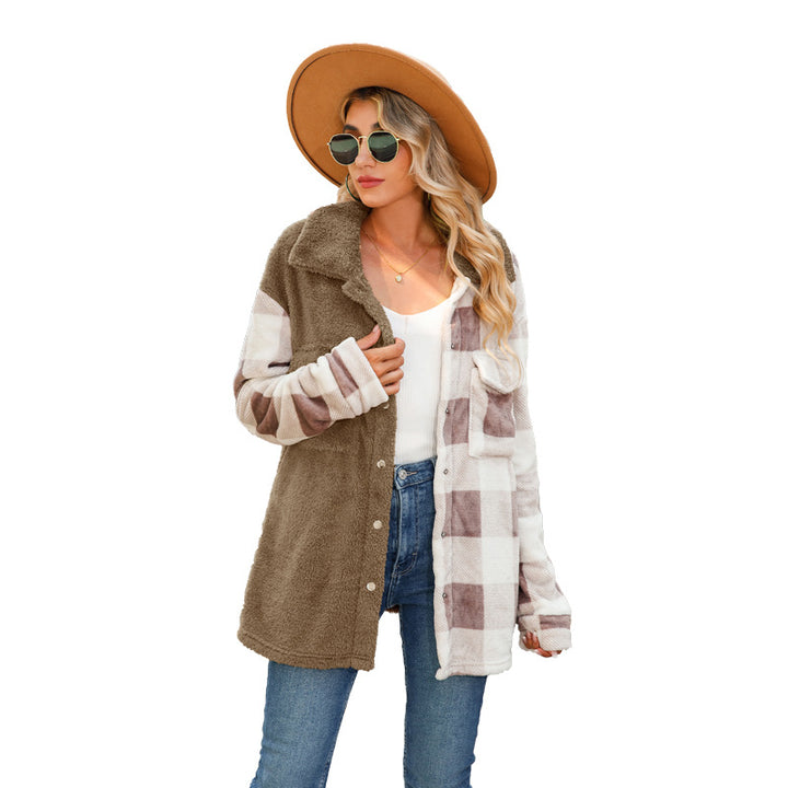 Damen Fleece-Mantel mit Karomuster und Knopfleiste Drune