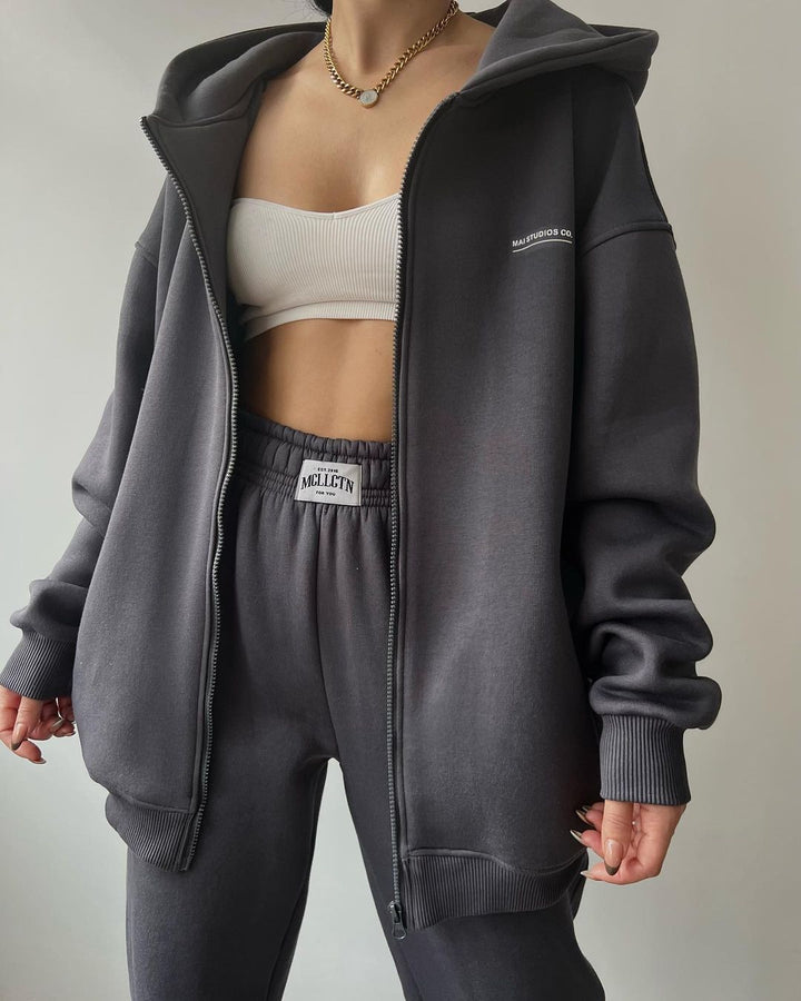 Damen lässiger und bequemer Kapuzenpullover mit Reißverschluss und Jogginghose-Set Drune