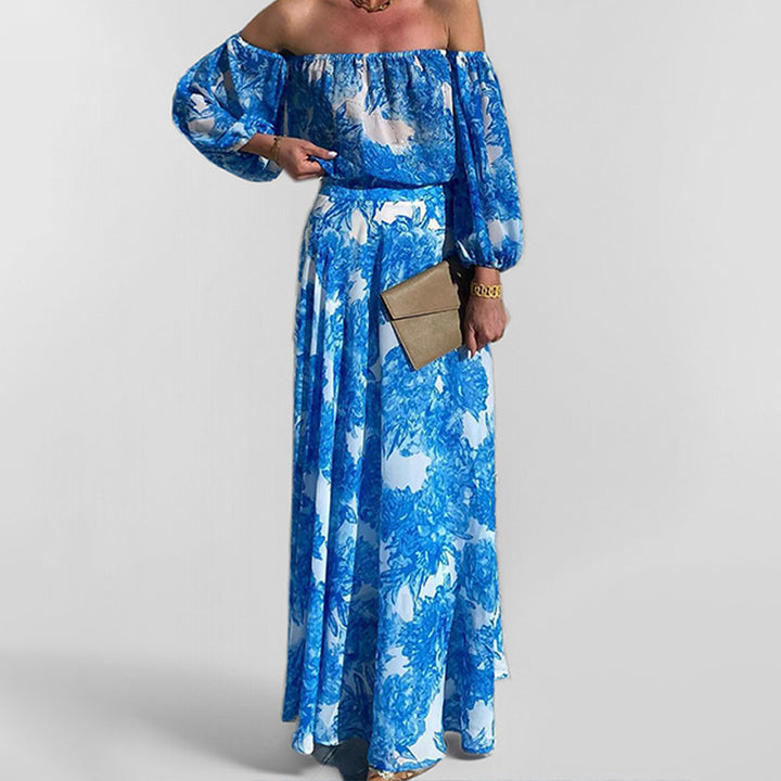 Damen Off-Shoulder Maxikleid mit floralem Druck und weitem Rock Drune