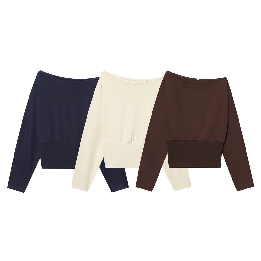 Damen Oversize Off-Shoulder Cropped-Pullover mit Fledermausärmeln und breitem Rippbündchen Drune