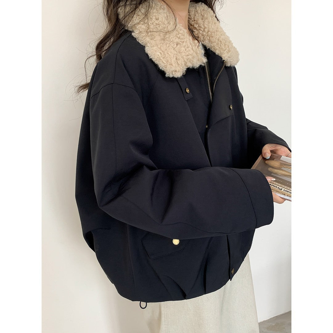 Damen Kurze Oversize-Bomberjacke mit Teddykragen und Druckknopfdetails Drune