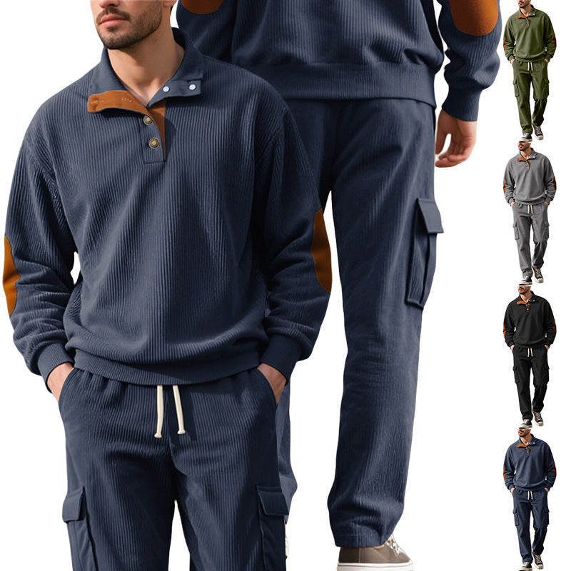 Herren nan strukturierter Troyer-Pullover mit Stehkragen Druckknopfleiste und Velours-Ellenbogenpatch Drune